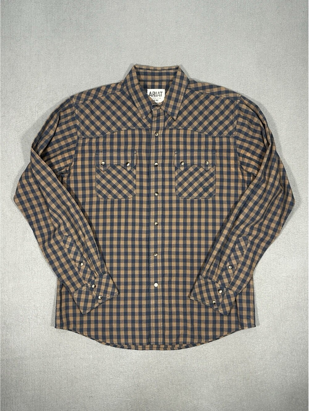 Ariat Retro Fit Western Shirt Men’s Medium Snap Button Plaid Brown Blue Cowboy